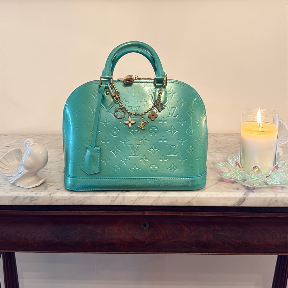 LOUIS VUITTON ALMA PM Vernis Bag Blue Green Lagoon Gold LV Authentic Leather
